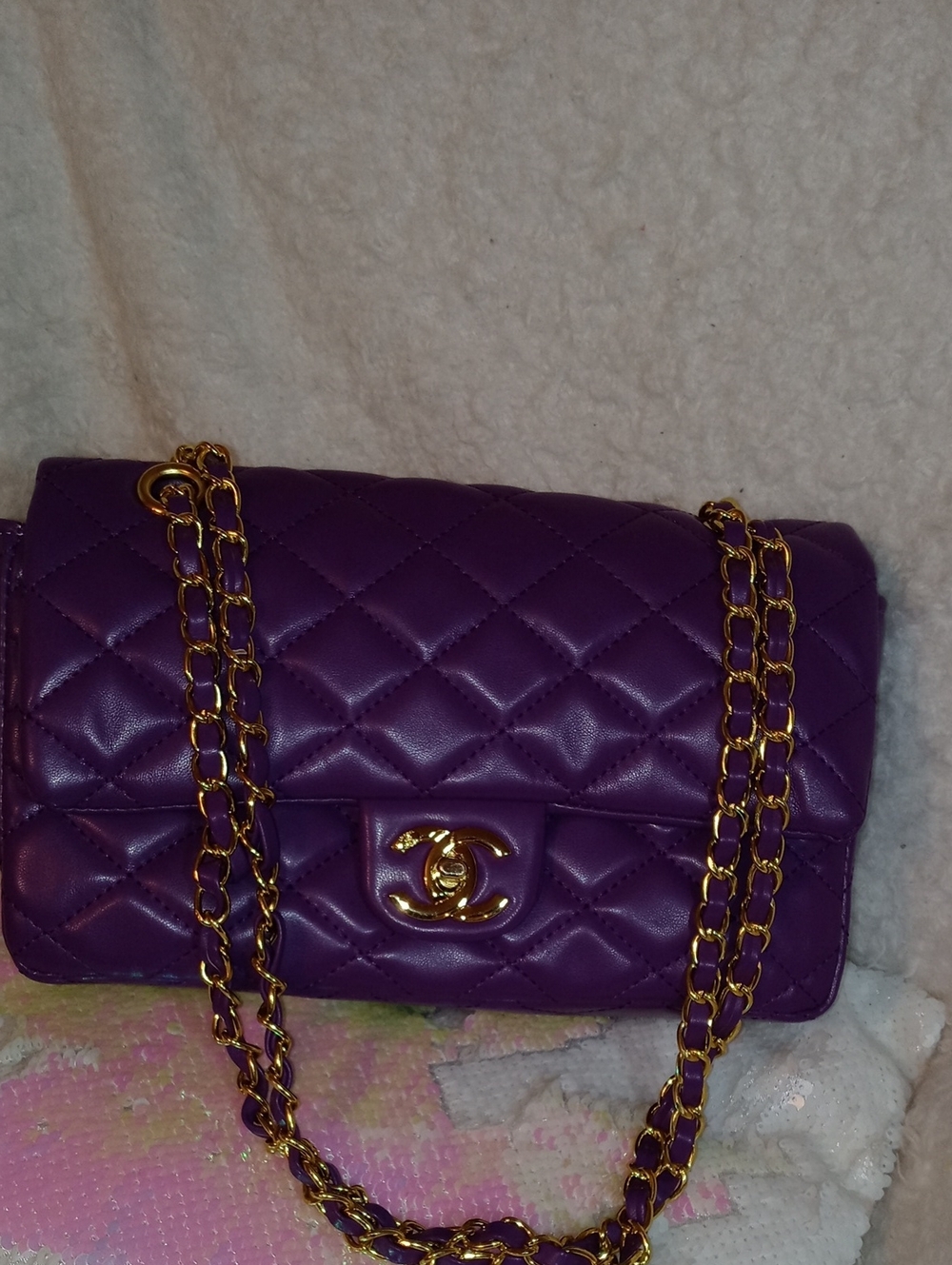 CHANEL Purple Quilted Shoulder Bag with Gold Chain
